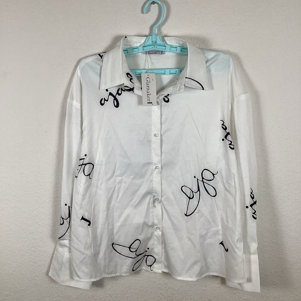 Glamaker Womens Button Up Shirt Sz L Long Sleeve White New With Tags AJA